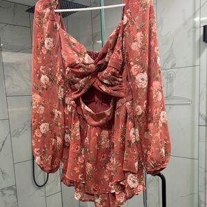 Francesca's Collections Floral Long Sleeve ROMPER in Dusty Rose